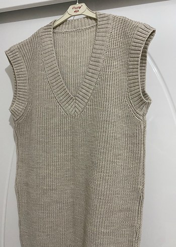 Bej V Yaka Örgü Kadın Süveter - Görsel 3