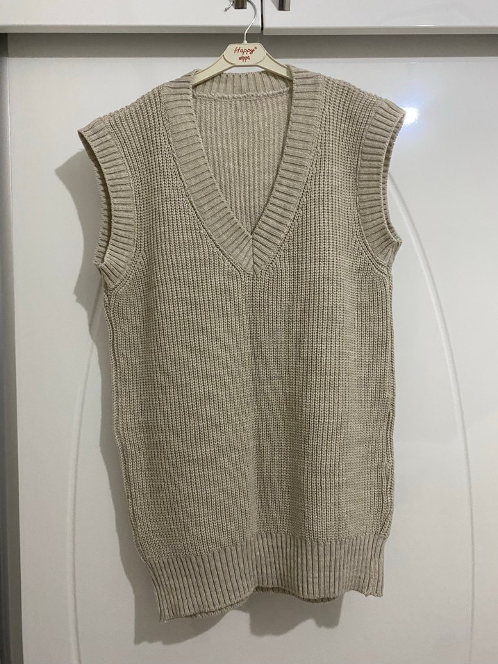 Bej V Yaka Örgü Kadın Süveter - Görsel 2