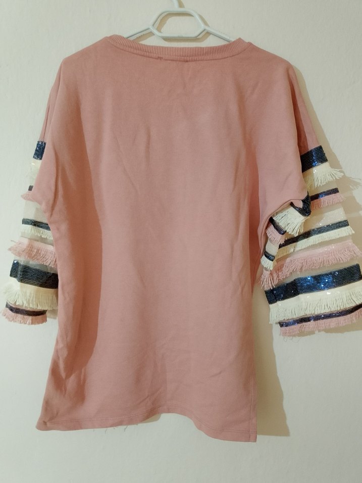 Pembe Uzun Kollu Kadın Sweat Fırfırlı - Görsel 3