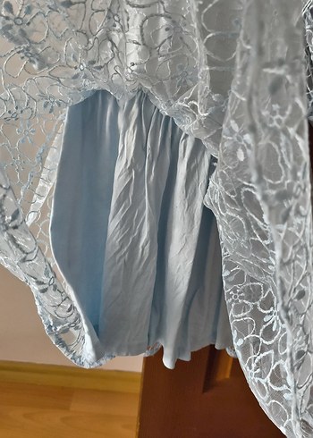 Kız Çocuk Mavi Dantel Nakışlı Elbise - Görsel 4