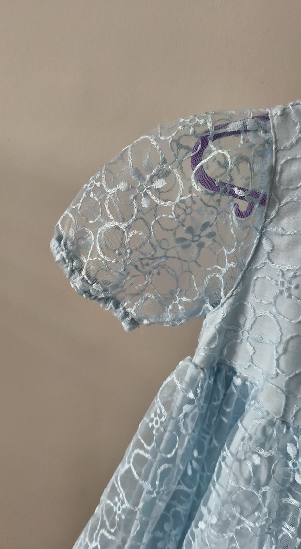 Kız Çocuk Mavi Dantel Nakışlı Elbise - Görsel 3