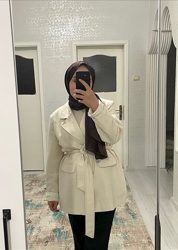 Bej Midi Kadın Kemerli Ceket - Görsel 2