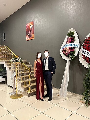 36 Beden Bordo Drape Detaylı Uzun abiye Elbise
