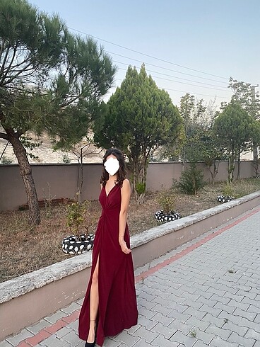 36 Beden bordo Renk Bordo Drape Detaylı Uzun abiye Elbise