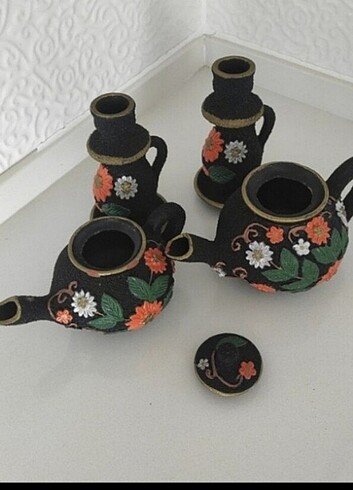Vintage işleme el işi antika çaydanlık şamdan seti takımı 