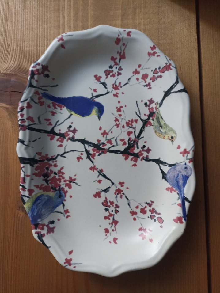 Çiçek ve Kuş Desenli Renkli Tabak - Görsel 3