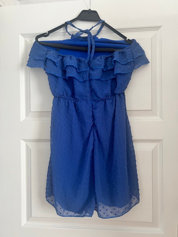 Mavi boyundan bağlamalı  Mini Kadın Tulum - Görsel 2