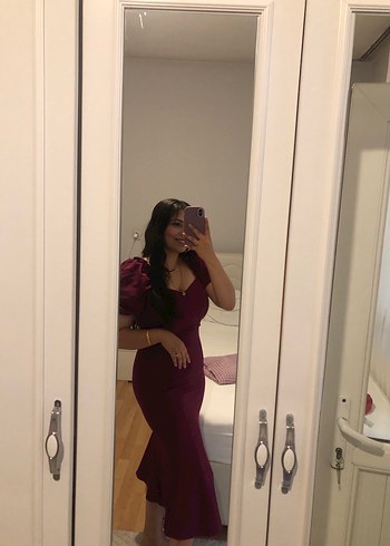 Mor Midi V Yakalı Kadın Elbise - Görsel 4