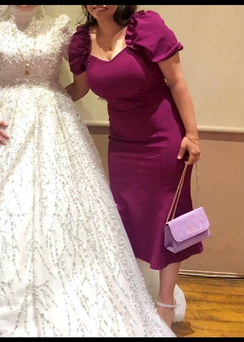 Mor Midi V Yakalı Kadın Elbise - Görsel 3