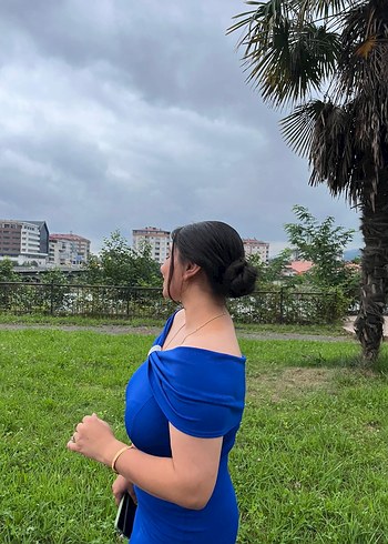 Saks Mavi Drapeli Straplez Midi Elbise - Görsel 3