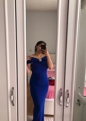 Saks Mavi Drapeli Straplez Midi Elbise - Görsel 4