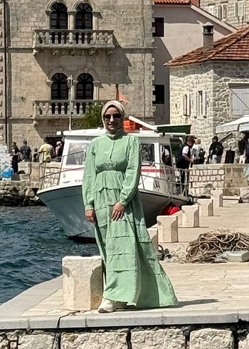 Uzun Yeşil Keten Bohem Elbise - Görsel 2