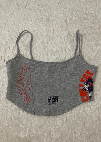 Gri Baskılı İnce Askılı Crop Top