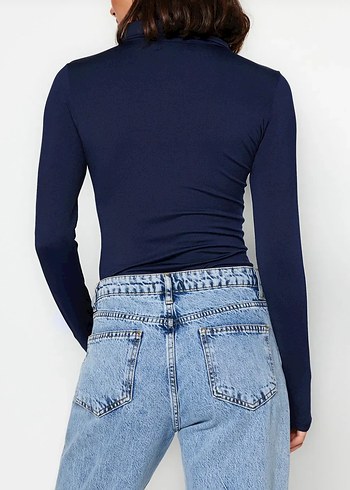 xs Beden Lacivert Fermuarlı Uzun Kollu Body