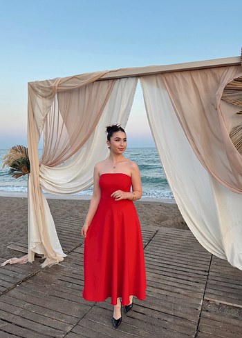 Kırmızı Straplez Uzun Elbise - Görsel 2