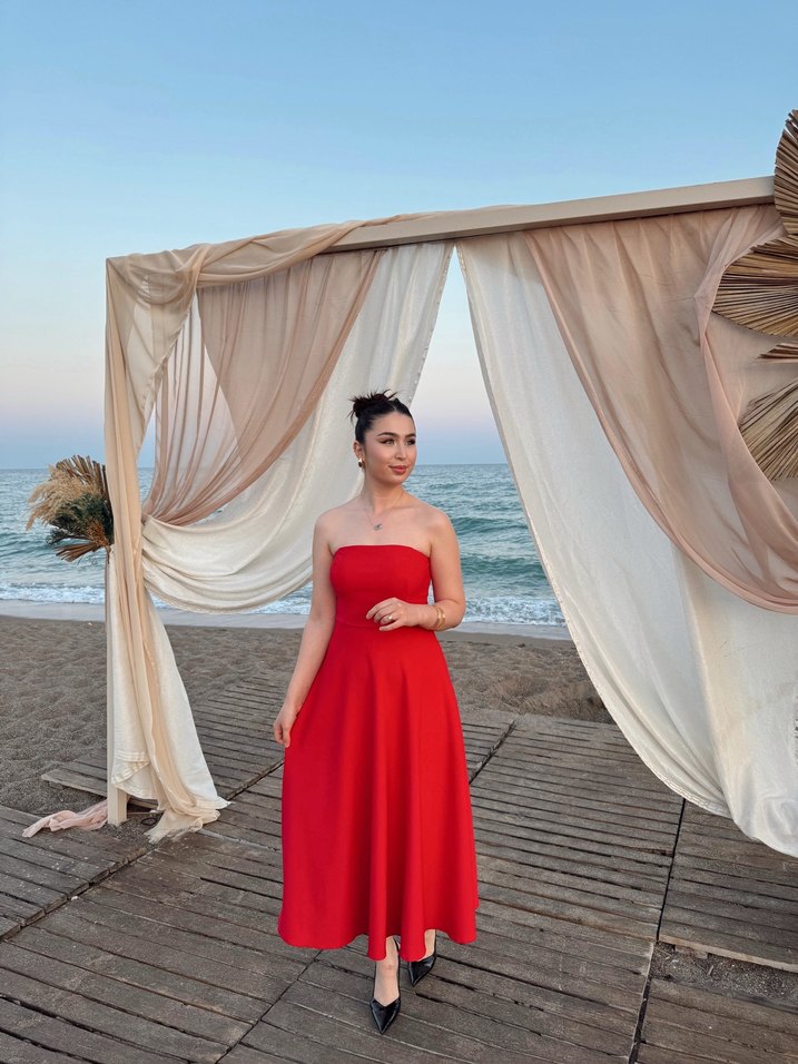 Kırmızı Straplez Uzun Elbise - Görsel 2