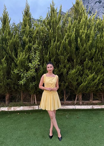 Sarı Mini Askılı Pilili Kadın Elbise - Görsel 2