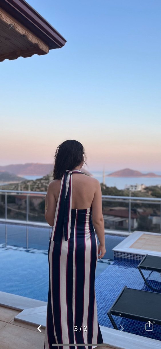 Çok Renkli V Yakalı Uzun Drapeli Elbise - Görsel 2