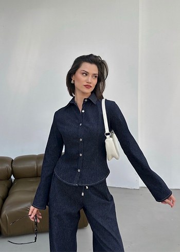 s Beden Düğmeli Lacivert Kadın Denim Ceket