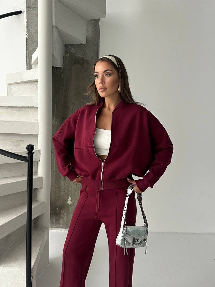 Bordo Fermuarlı Kadın Eşofman takımı - Görsel 2