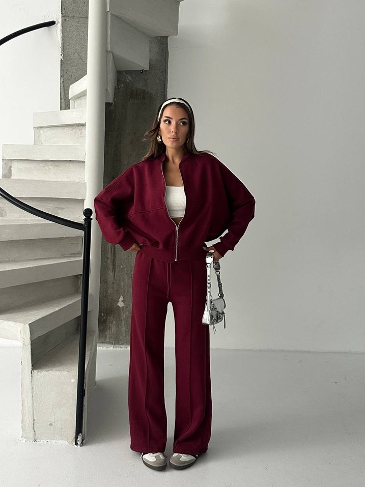 Bordo Fermuarlı Kadın Eşofman takımı - Görsel 5