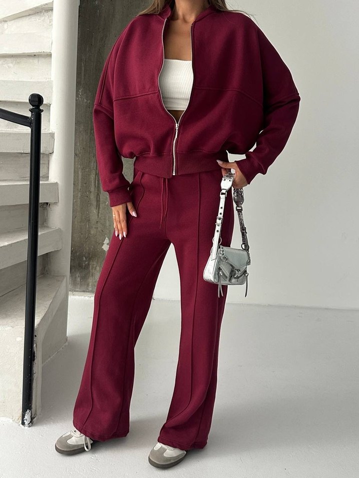 Bordo Fermuarlı Kadın Eşofman takımı - Görsel 3