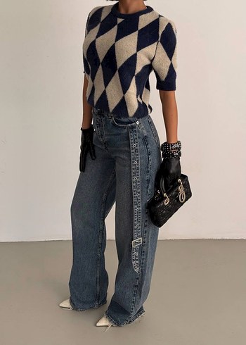 Kadın Lacivert Kemerli Bol Kesim Kot Pantolon - Görsel 4