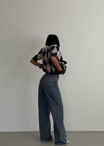 Kadın Lacivert Kemerli Bol Kesim Kot Pantolon - Görsel 5