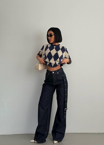 Kadın Lacivert Kemerli Bol Kesim Kot Pantolon - Görsel 3