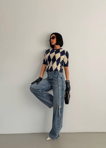 Kadın Lacivert Kemerli Bol Kesim Kot Pantolon - Görsel 6