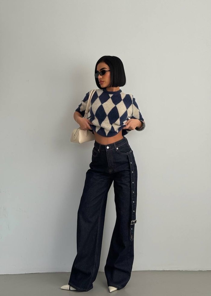 Kadın Lacivert Kemerli Bol Kesim Kot Pantolon - Görsel 3