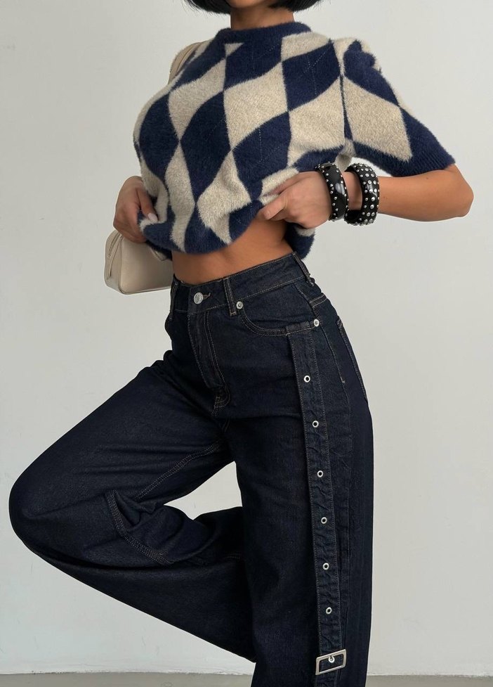 Kadın Lacivert Kemerli Bol Kesim Kot Pantolon - Görsel 2