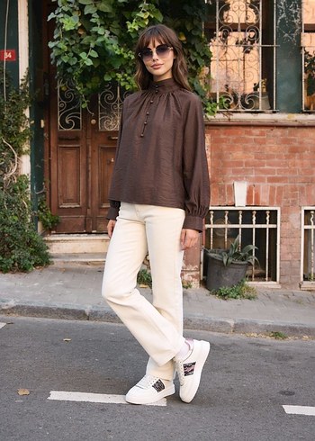 Kadın Kahverengi Manşet Yaka Gömlek - Görsel 4