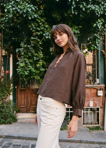 Kadın Kahverengi Manşet Yaka Gömlek - Görsel 3