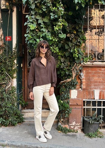 Kadın Kahverengi Manşet Yaka Gömlek - Görsel 2