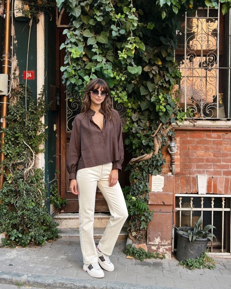 Kadın Kahverengi Manşet Yaka Gömlek - Görsel 2