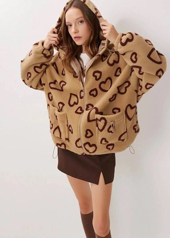 Kahverengi Kapüşonlu Kadın Peluş mont - Görsel 2