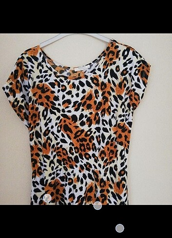 36 Beden camel Renk Leopar Desenli Elbise