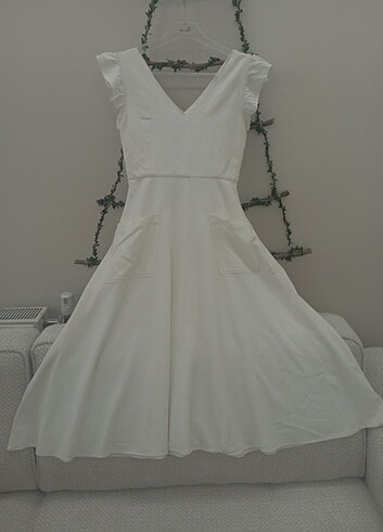 xs Beden Zara sırt detaylı pamuk keten elbise kırık beyaz açık krem tonla