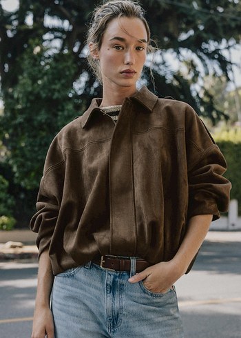 Kadın Kahverengi Süet Düğmeli Ceket - Görsel 3