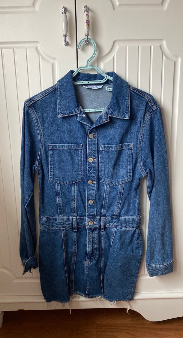 Düğmeli Mavi Kadın Denim Elbise - Görsel 3