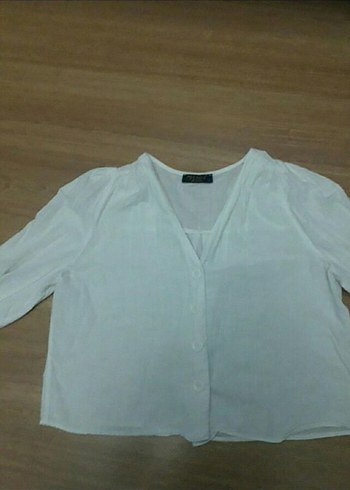 Kadın Beyaz V Yaka Düğmeli Keten Gömlek - Görsel 2