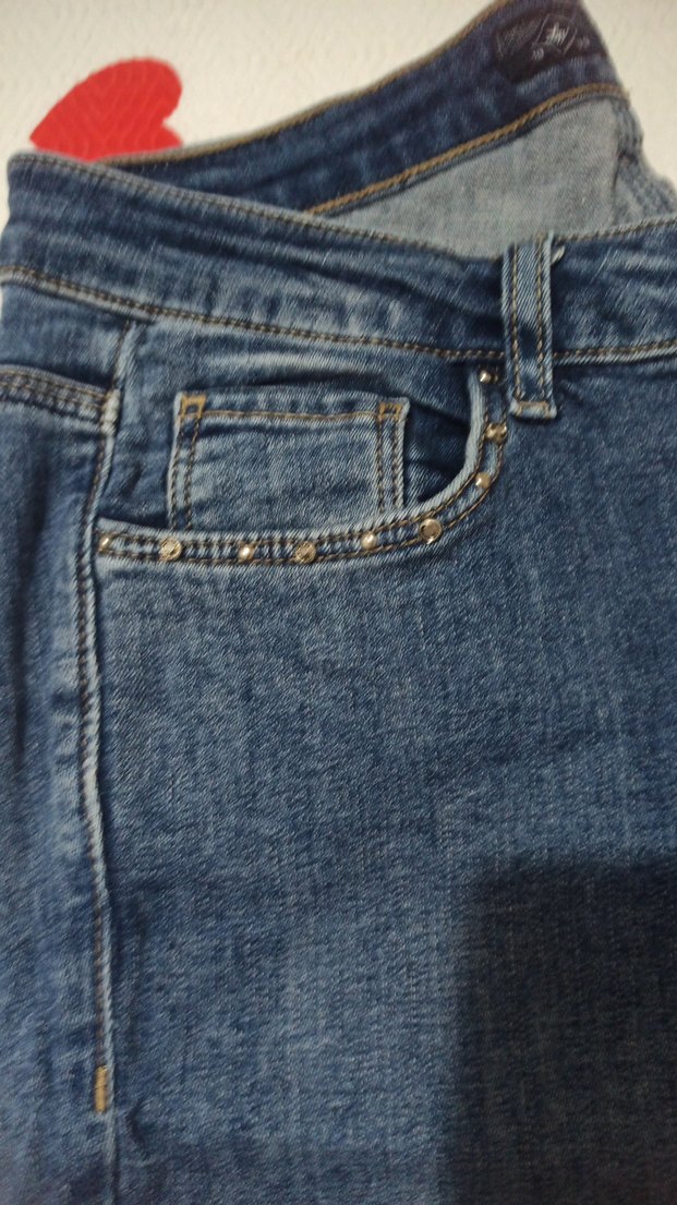 Düğmeli Nakışlı taşlı Mavi Kadın Kot Pantolon - Görsel 3