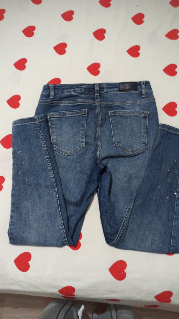 Düğmeli Nakışlı taşlı Mavi Kadın Kot Pantolon - Görsel 4