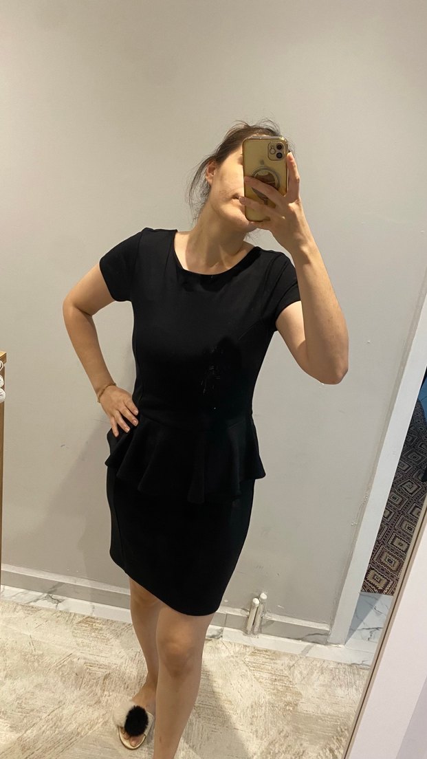 Siyah Kısa Kollu Midi İş Elbisesi - Görsel 2