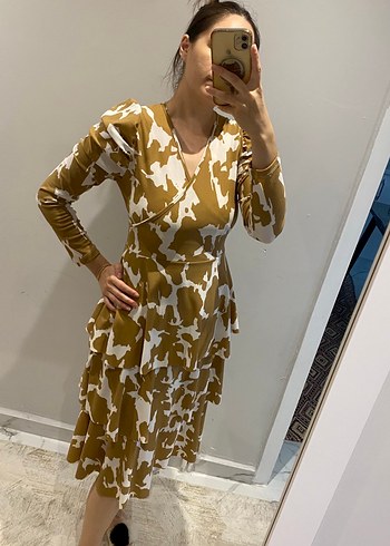 Bej Bağlama Desenli Uzun Kollu Elbise - Görsel 2