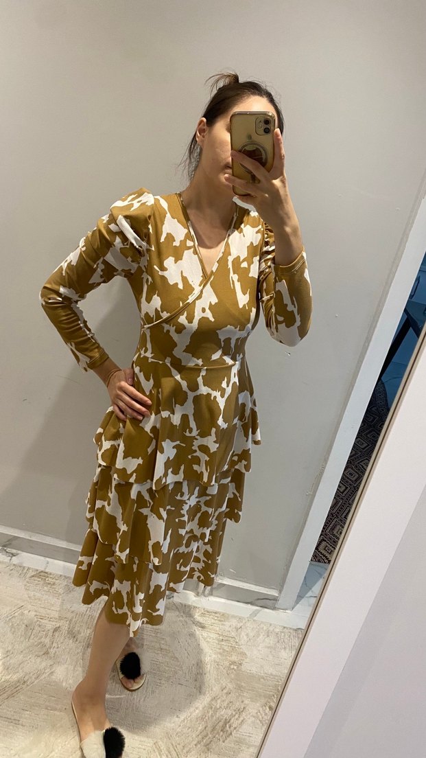 Bej Bağlama Desenli Uzun Kollu Elbise - Görsel 2