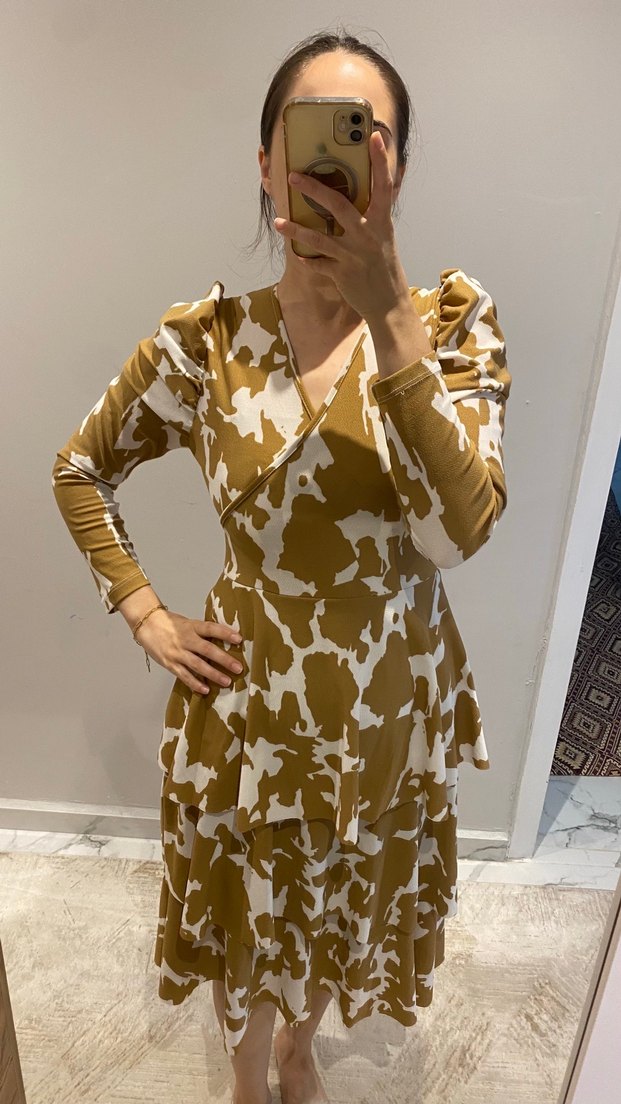 Bej Bağlama Desenli Uzun Kollu Elbise - Görsel 3