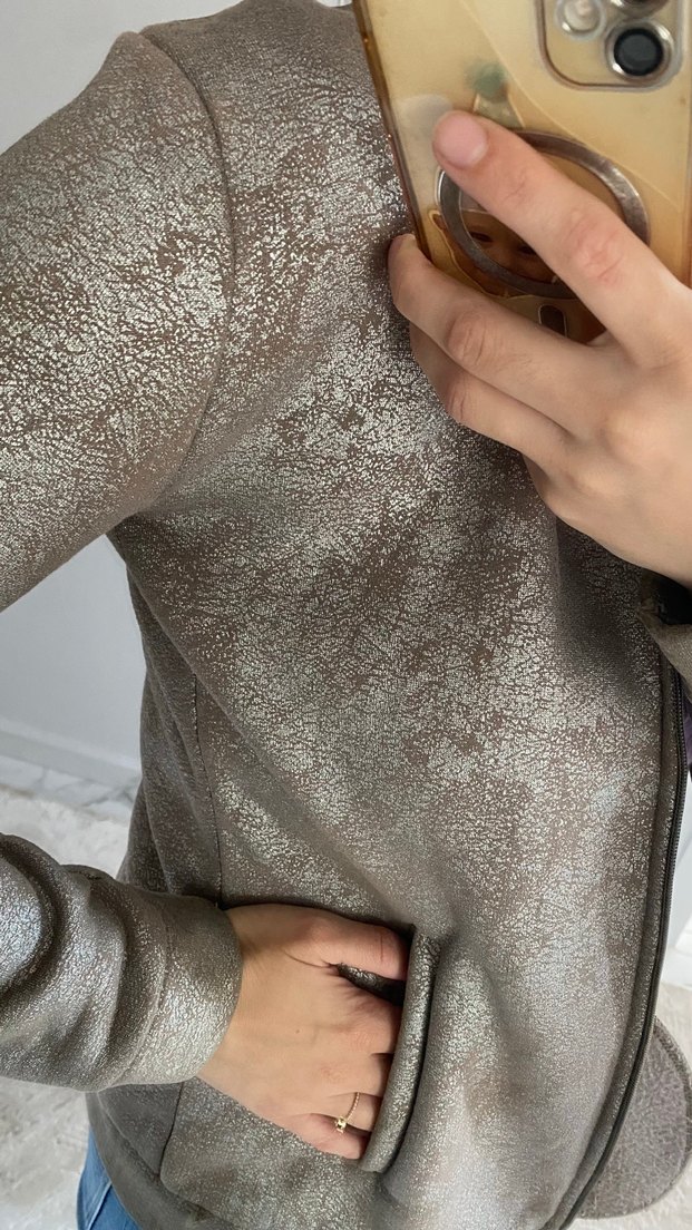 Gri Süet Fermuarlı Yüksek Yakalı Kadın Ceket - Görsel 2