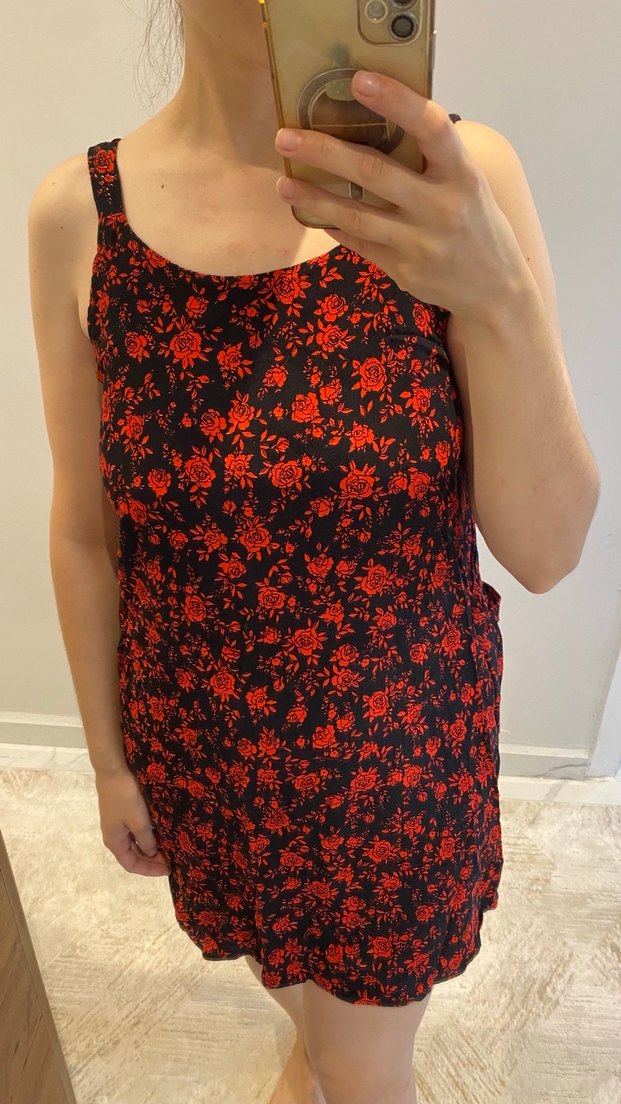 Kırmızı Bağlama Desenli Midi Elbise - Görsel 3